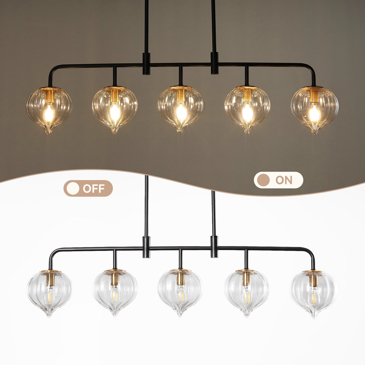 Five-light linear kitchen island light with clear ribbed glass shades and black metal frame, shown lit and unlit