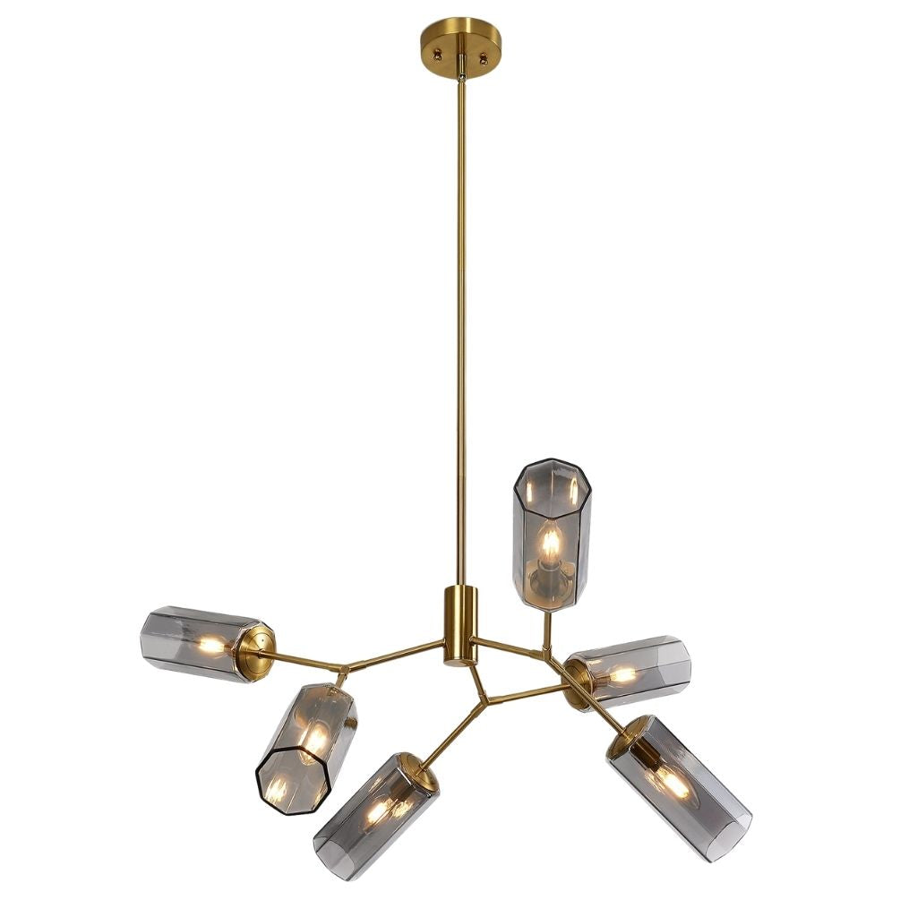 Gold Six-Light Branch Chandelier with Smoky Gray Glass Shades