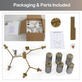 Gold branch chandelier with six smoky gray glass shades and assembly parts laid out