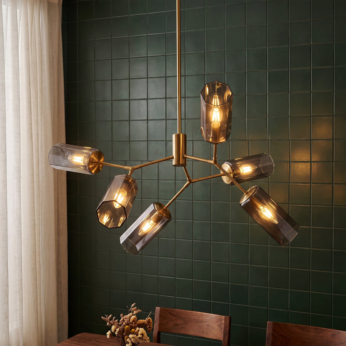 Gold Six-Light Branch Chandelier with Smoky Gray Glass Shades