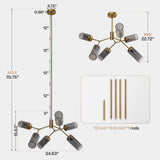 Gold six-light branch chandelier with smoky gray glass shades, showing dimensions: max 70.75" and min 22.72"