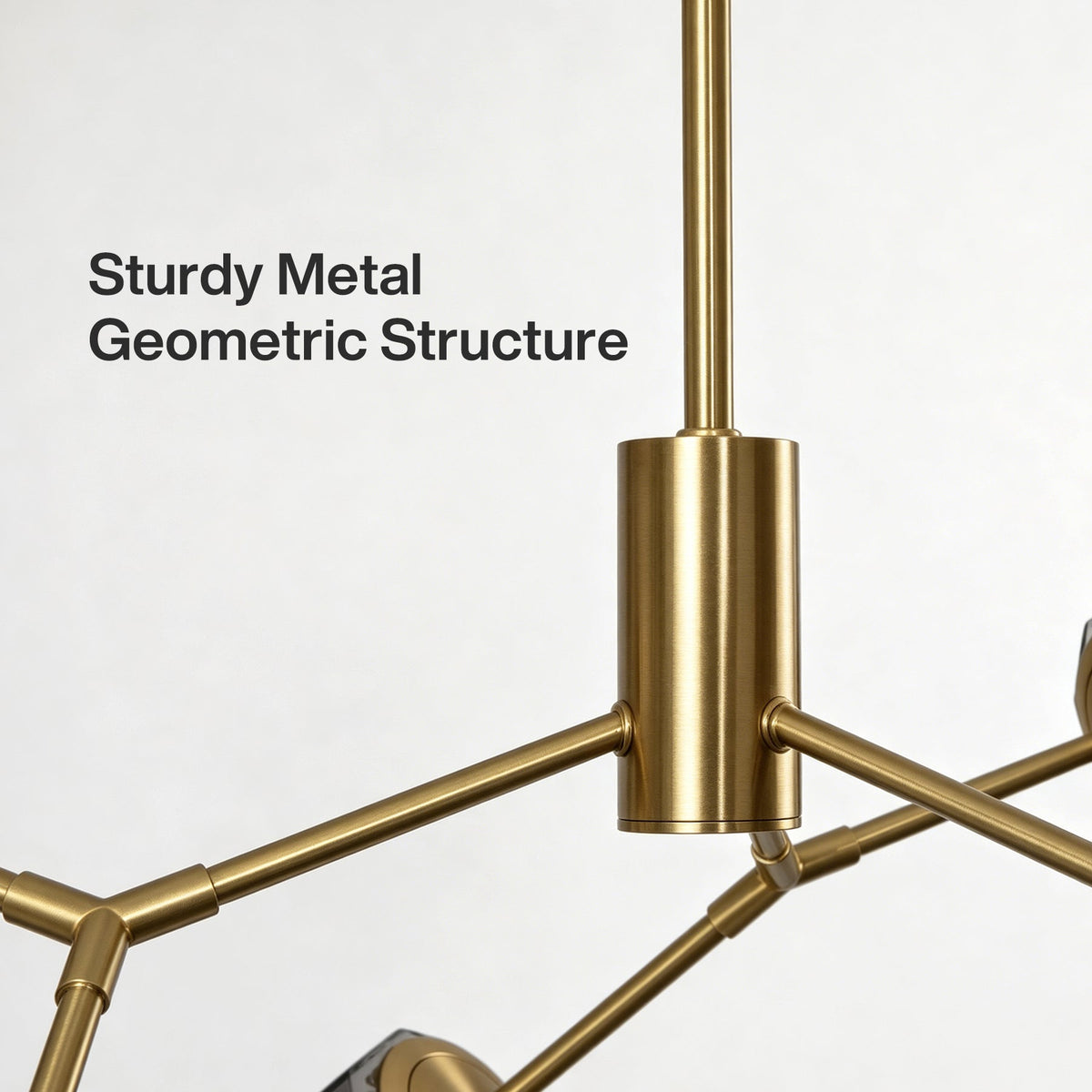 Close-up of gold metal chandelier's geometric structure with branching arms