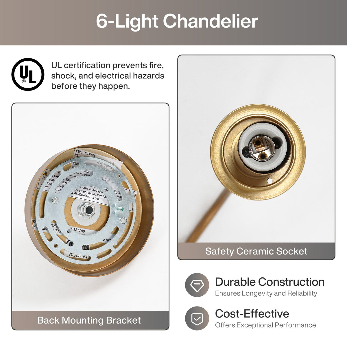 Close-up of antique brass back mounting bracket and safety ceramic socket of a six-light chandelier