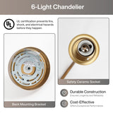 Close-up of antique brass back mounting bracket and safety ceramic socket of a six-light chandelier