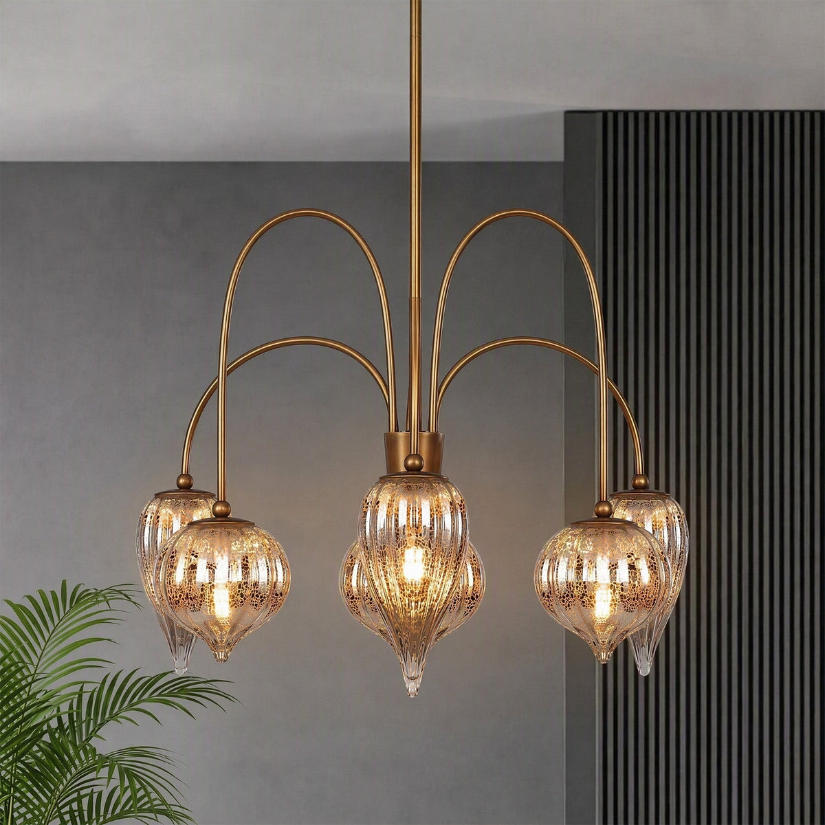 Antique Brass Six-Light Chandelier with Mercury Glass Shades