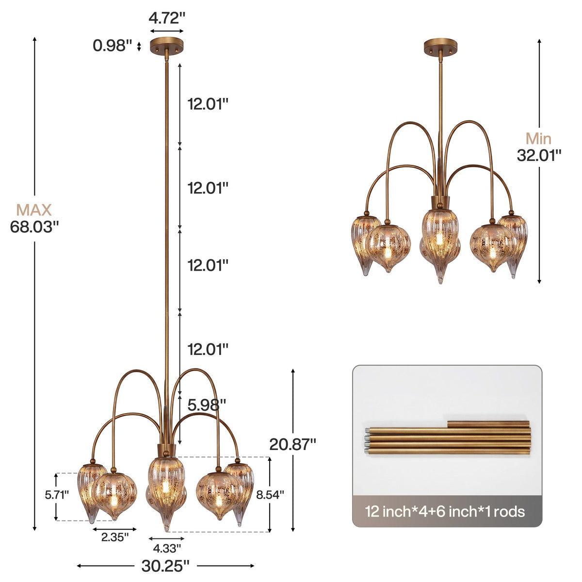 Antique brass six-light chandelier with mercury glass shades, 68.03" max height, 30.25" width