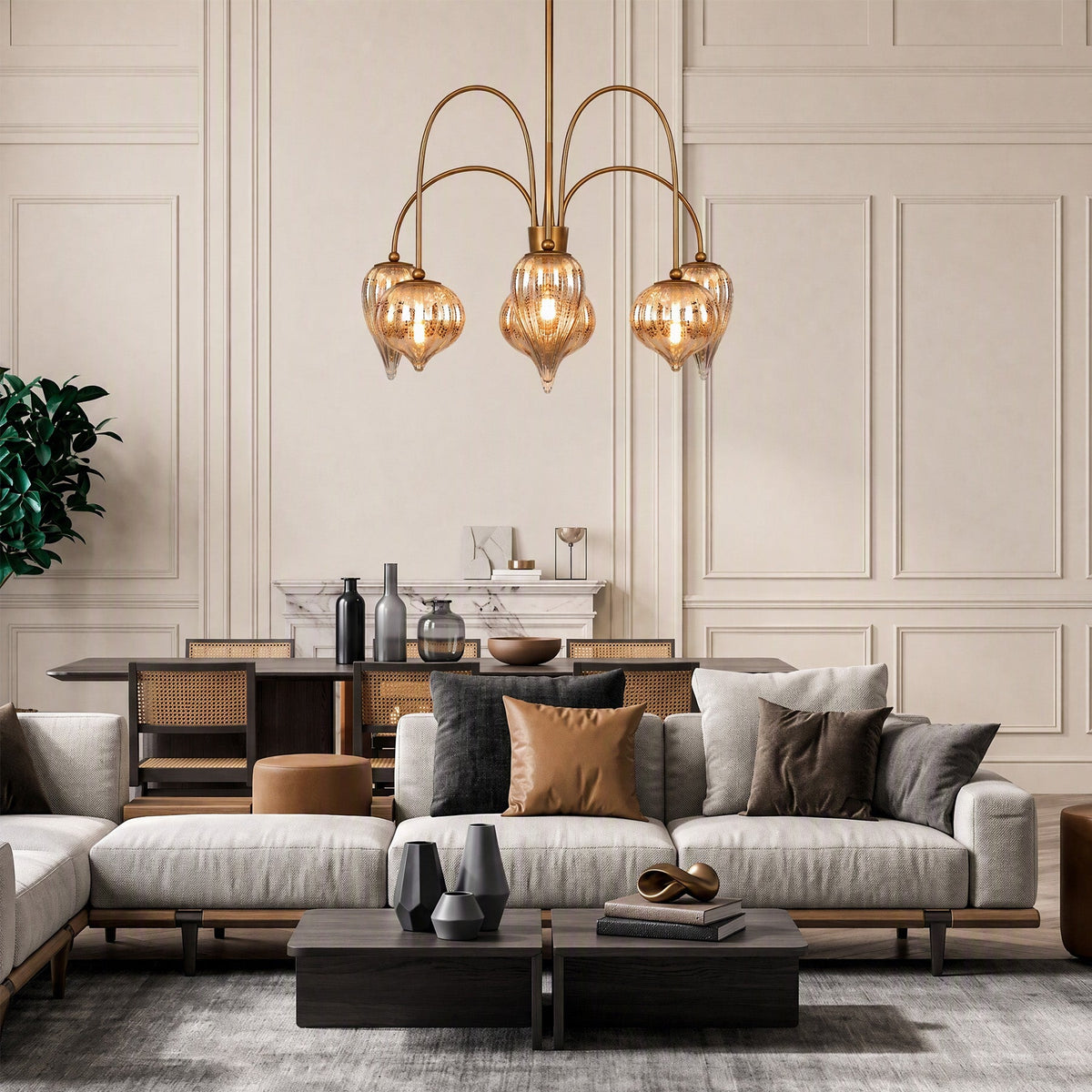 Antique Brass Six-Light Chandelier with Mercury Glass Shades