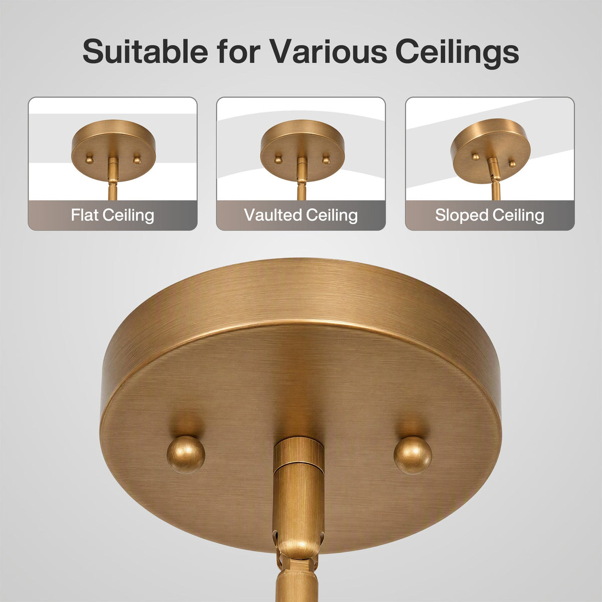 Antique brass chandelier ceiling mount shown from underside, suitable for flat, vaulted, and sloped ceilings