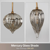 Antique brass chandelier with mercury glass shades shown from front and side angles