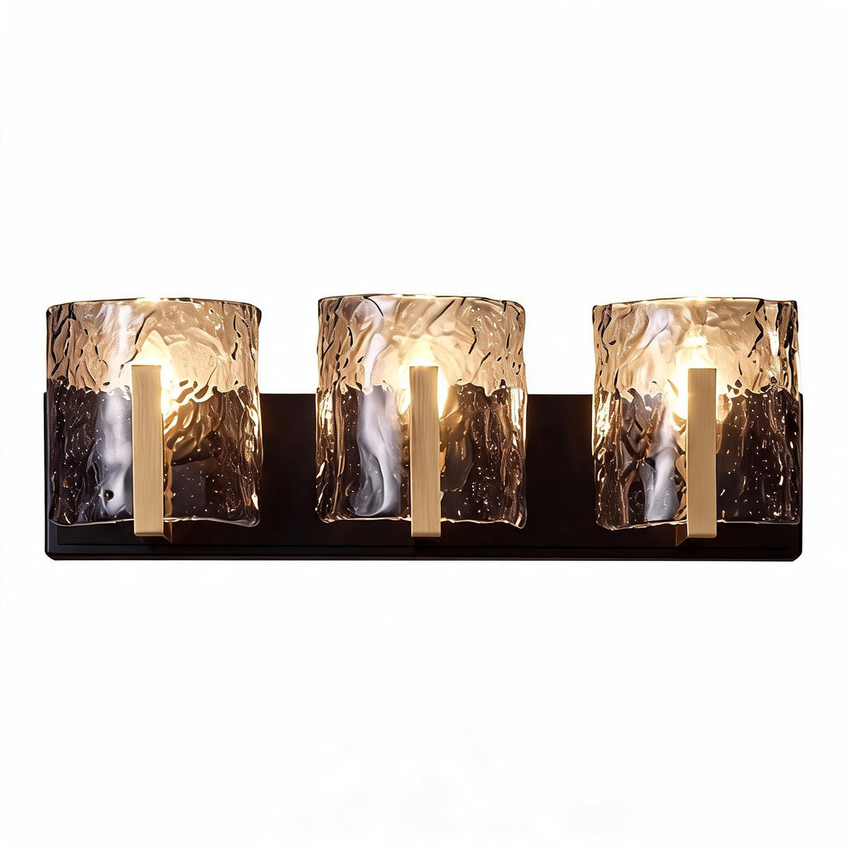 Brass Bathroom Vanity Light, Three-Light Smoky Gray Ripple Glass