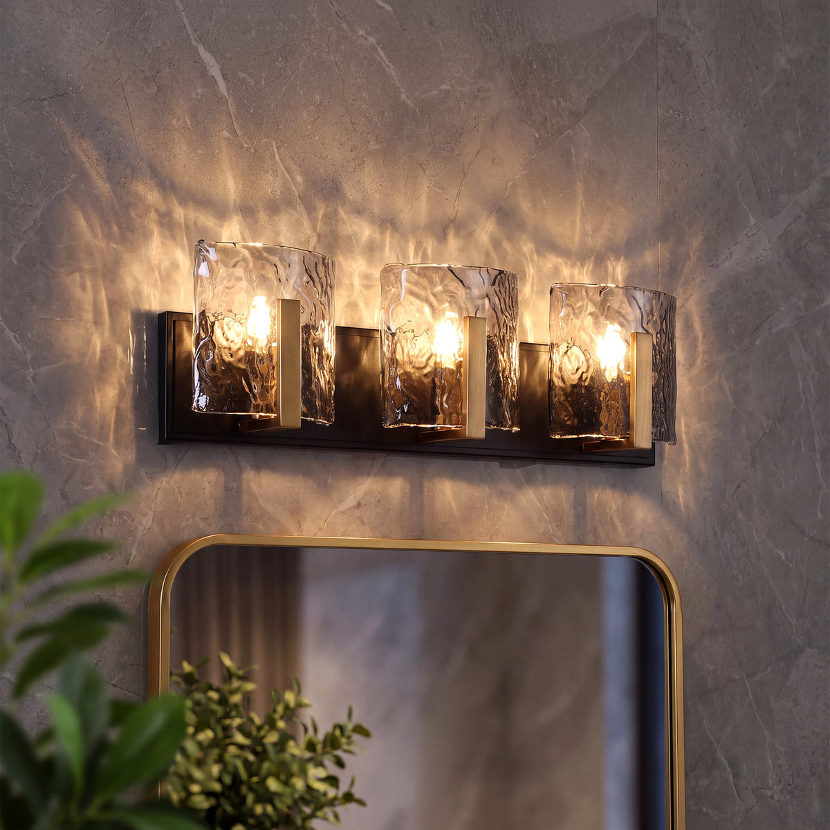 Brass Bathroom Vanity Light, Three-Light Smoky Gray Ripple Glass