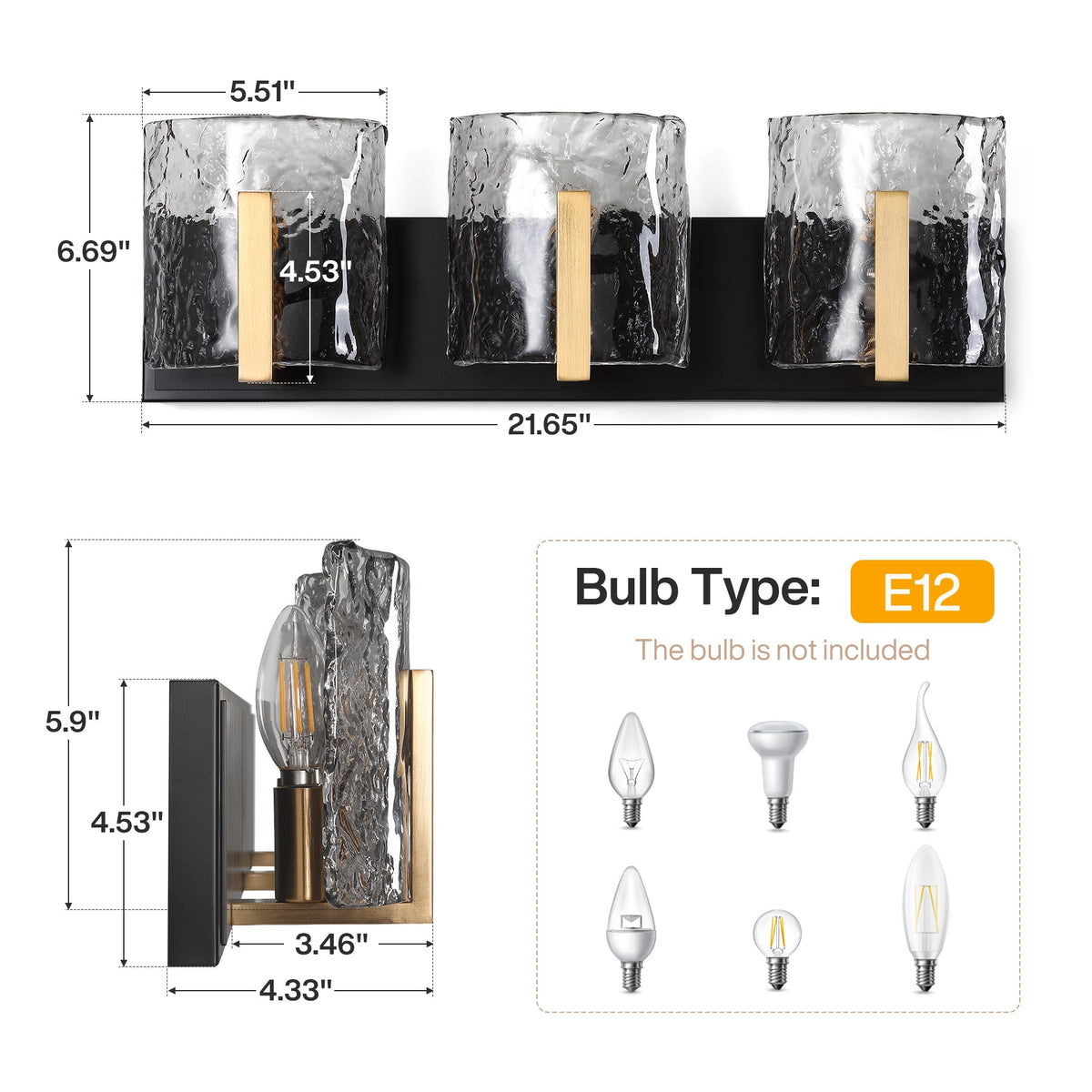 Brass Bathroom Vanity Light, Three-Light Smoky Gray Ripple Glass