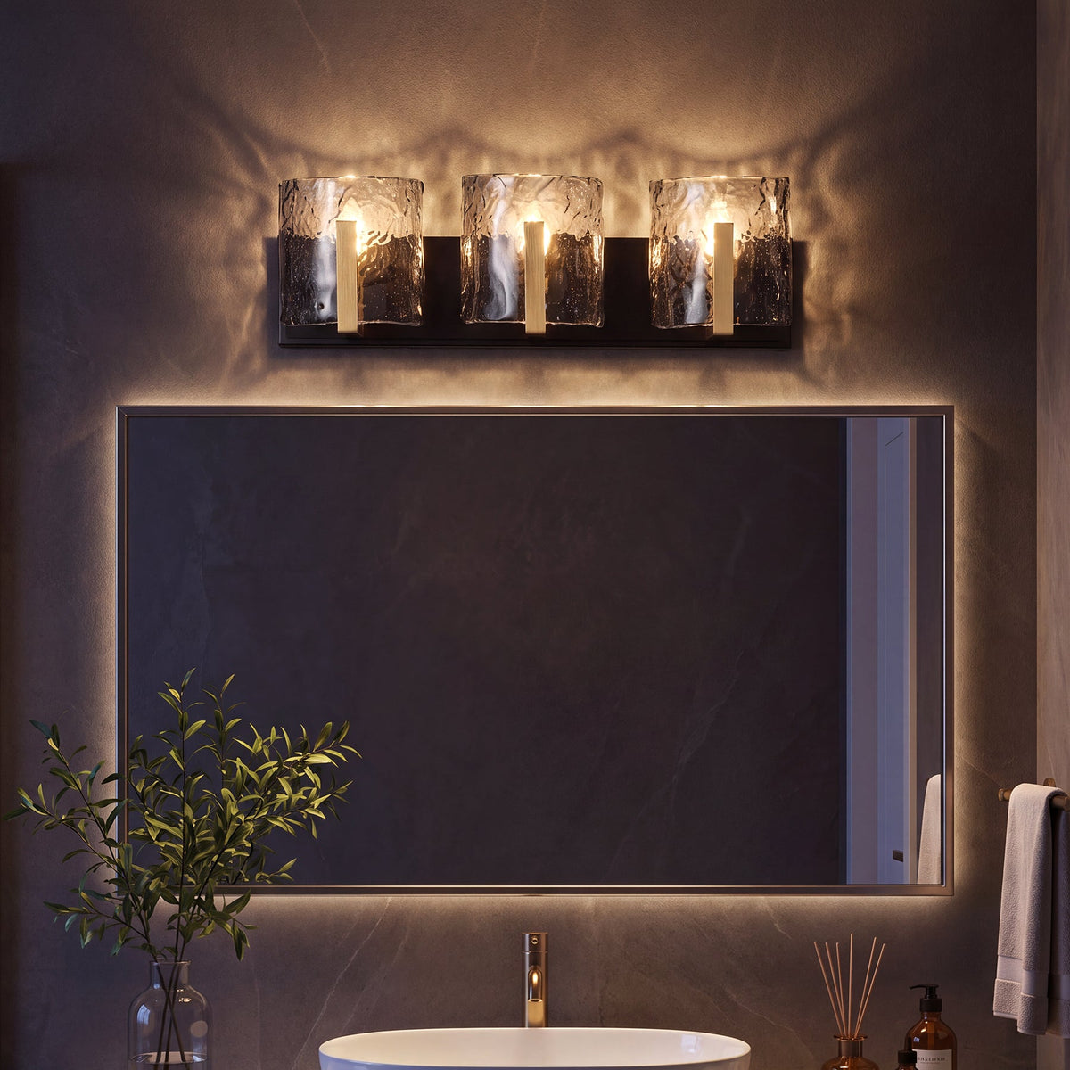 Brass Bathroom Vanity Light, Three-Light Smoky Gray Ripple Glass