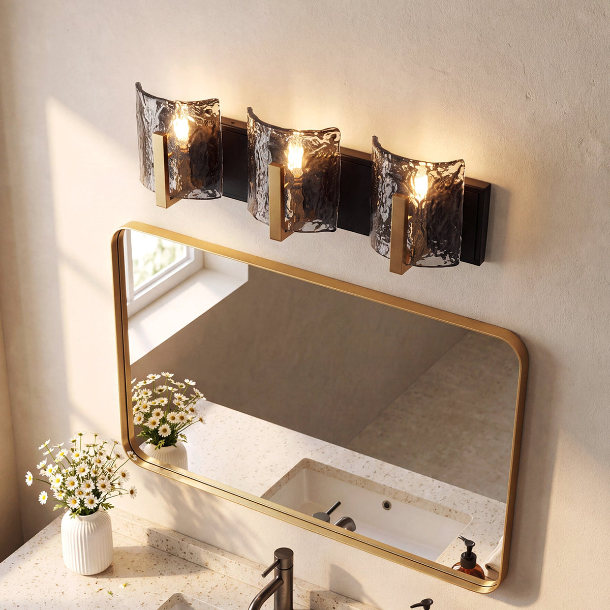 Brass Bathroom Vanity Light, Three-Light Smoky Gray Ripple Glass