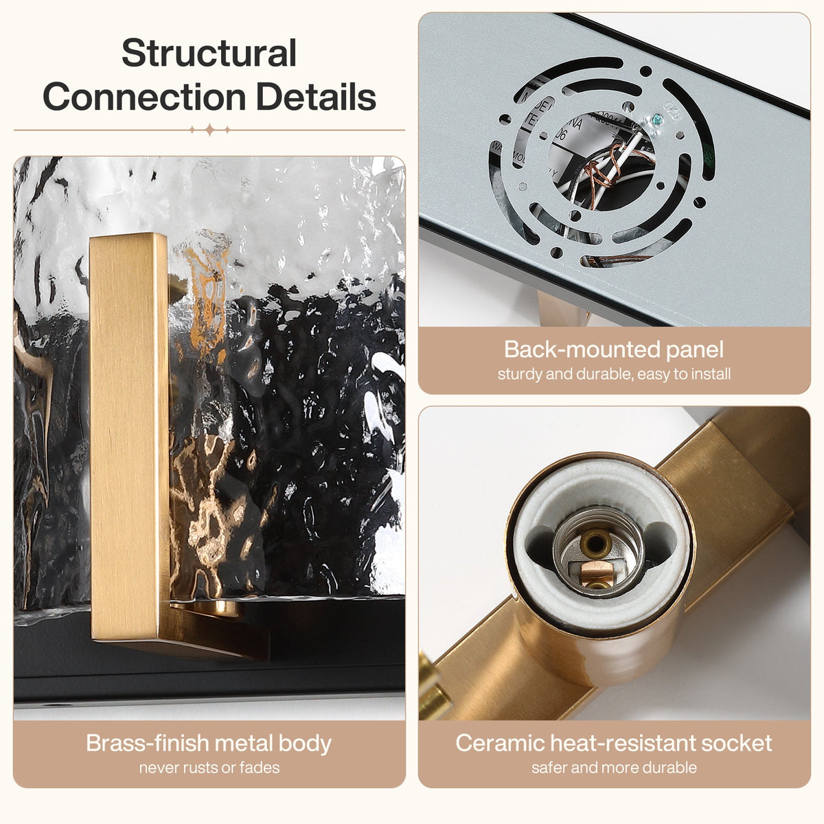 Close-up of brass-finish metal body and ceramic socket of a bathroom vanity light