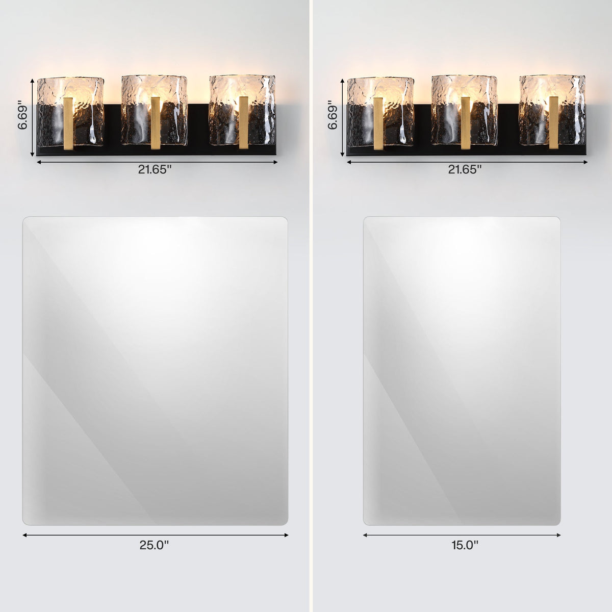 Brass bathroom vanity light with three smoky gray ripple glass shades, 6.69" high, 21.65" wide, shown above a 25.0" wide mirror