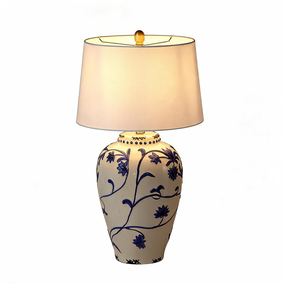 Blue and White Porcelain Table Lamp with Burlap Shade, Bedside Lamp