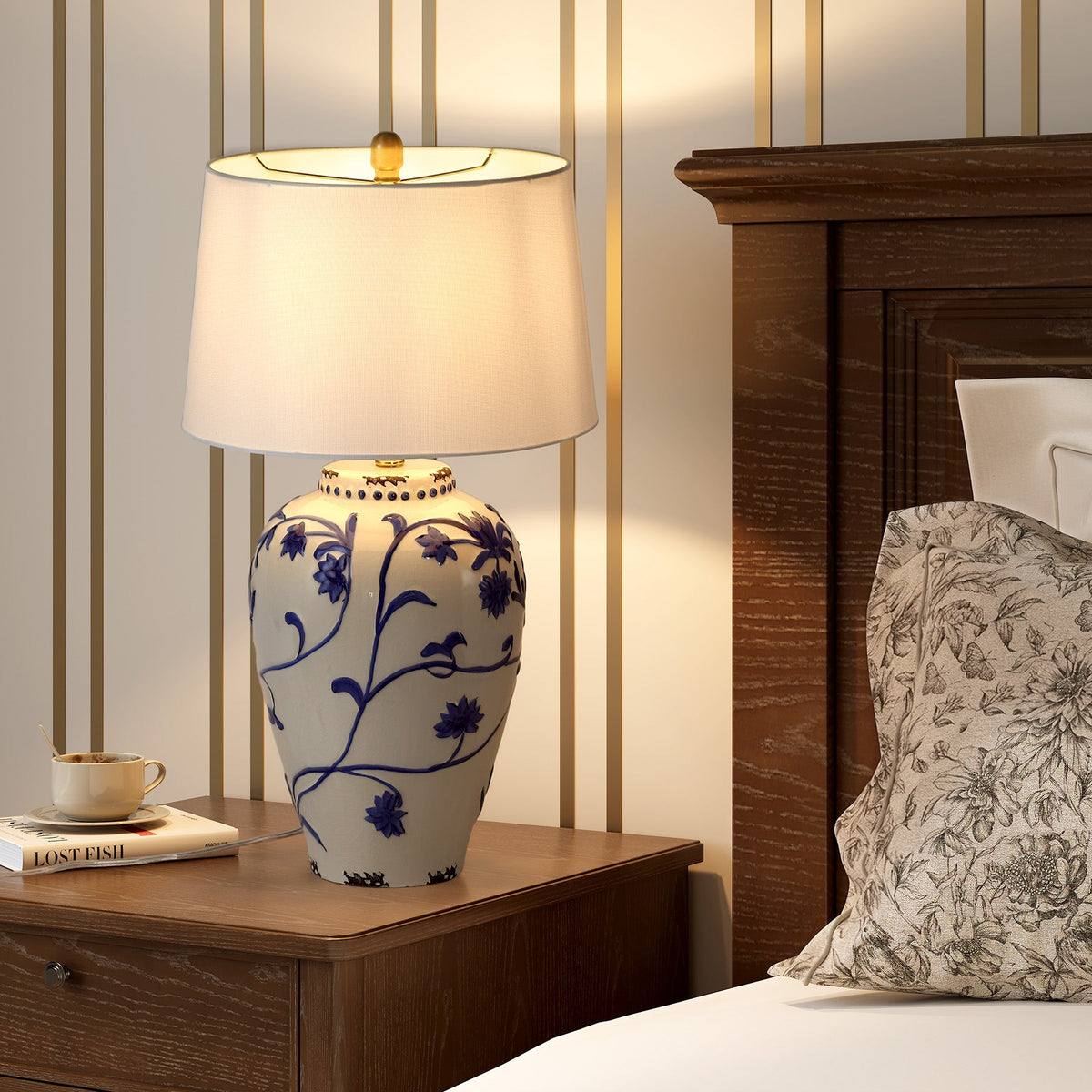 Blue and White Porcelain Table Lamp with Burlap Shade, Bedside Lamp
