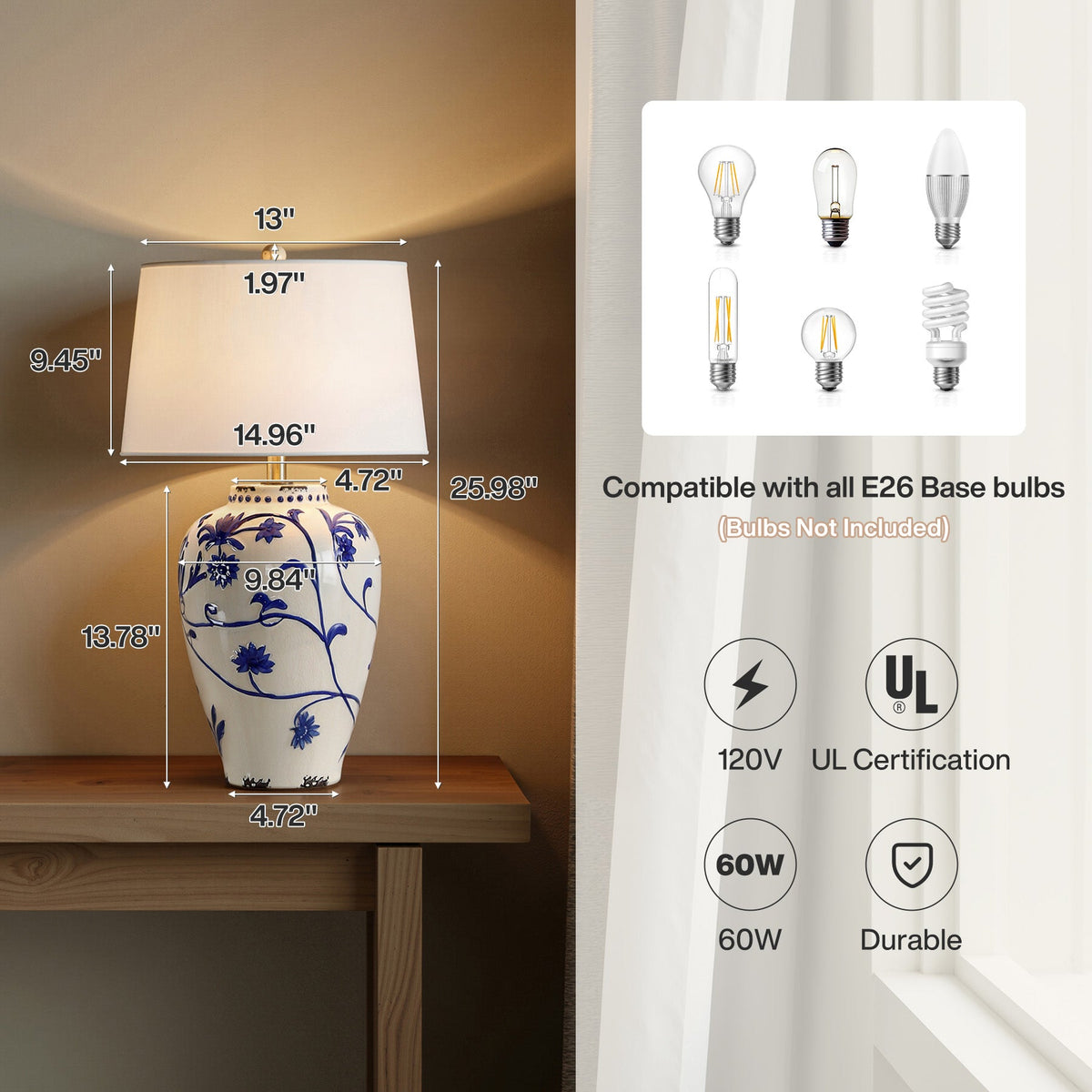 Blue and White Porcelain Table Lamp with Burlap Shade, Bedside Lamp