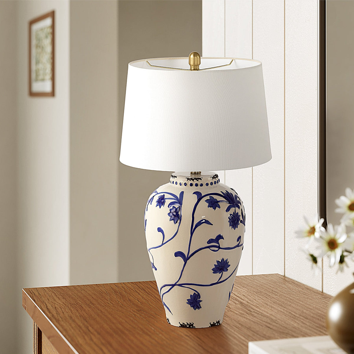 Blue and White Porcelain Table Lamp with Burlap Shade, Bedside Lamp