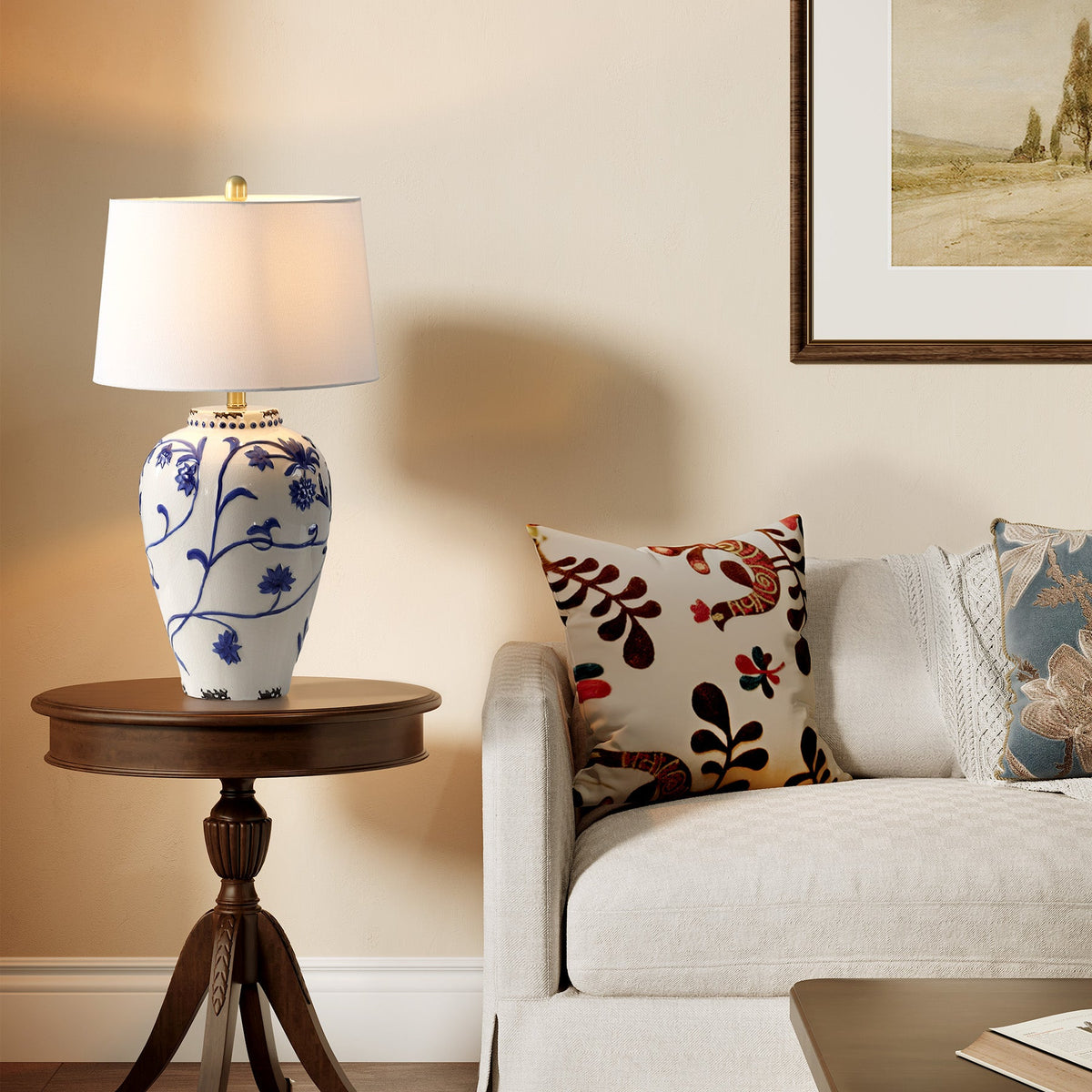 Blue and White Porcelain Table Lamp with Burlap Shade, Bedside Lamp