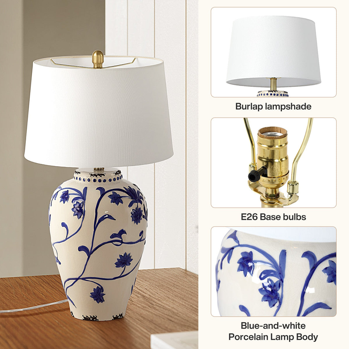 Blue-and-white porcelain table lamp with burlap shade on wooden surface