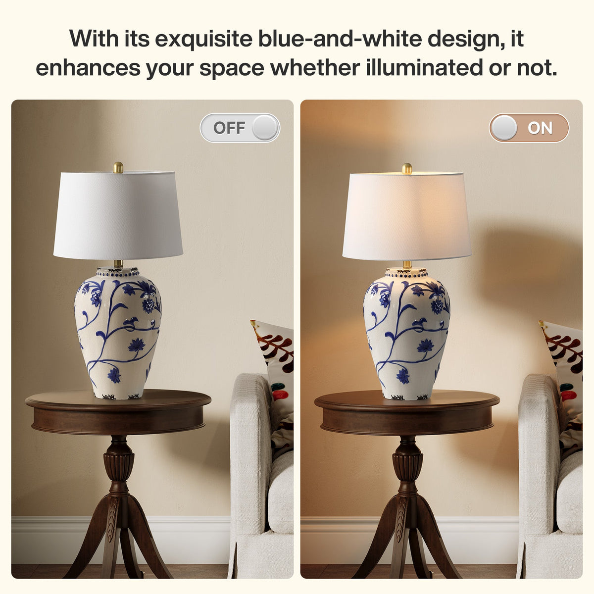 Blue and white porcelain table lamp with burlap shade on wooden side table in living room