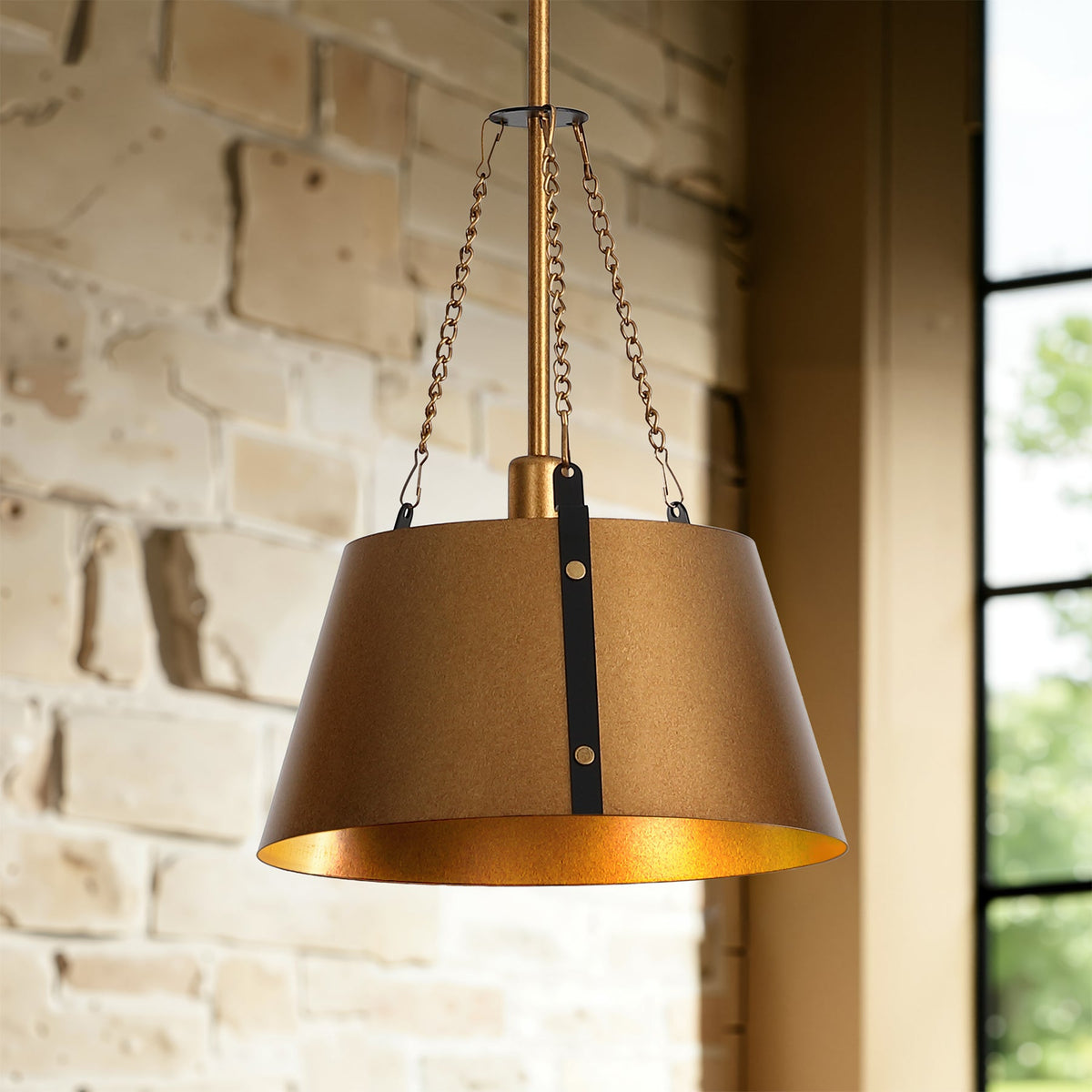 Gold Drum Pendant Light, Industrial Metal Shade, Adjustable Height
