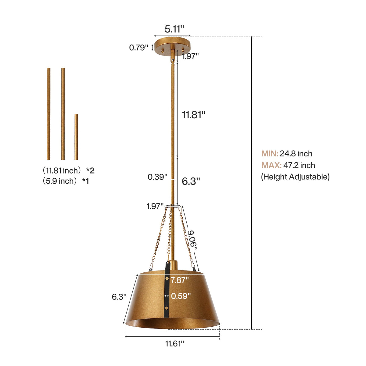 Gold drum pendant light with adjustable height, showing dimensions: 11.61" wide, 7.87" high, and 24.8–47.2" total height