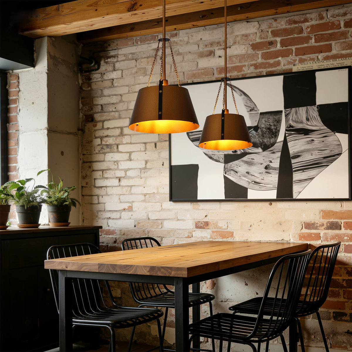 Gold Drum Pendant Light, Industrial Metal Shade, Adjustable Height