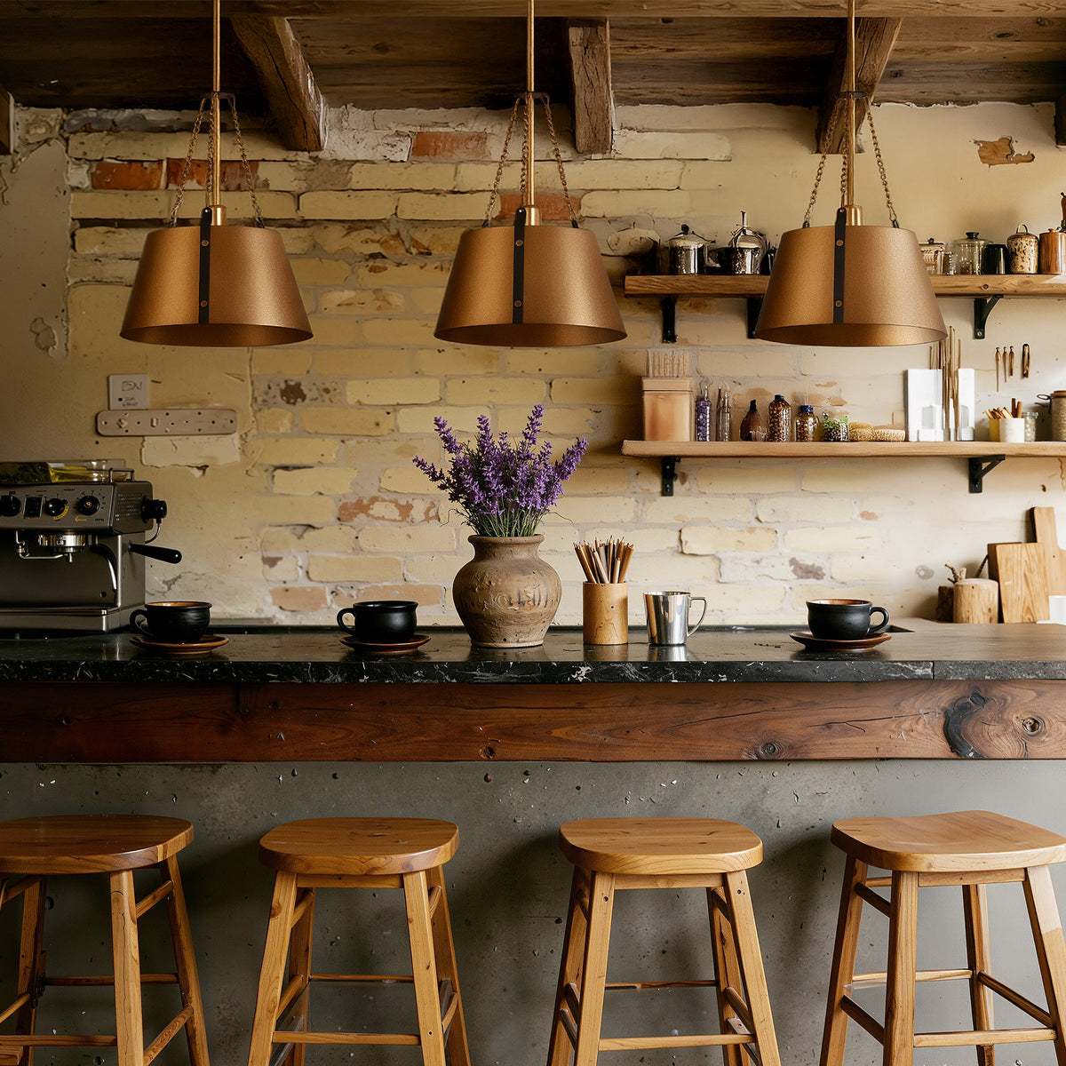 Three gold drum pendant lights with metal shades hang over a rustic kitchen counter