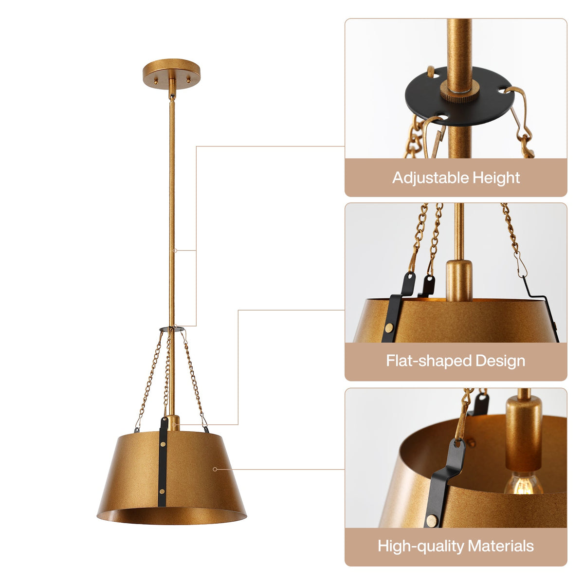 Gold drum pendant light with adjustable height and flat metal shade, shown from side angle