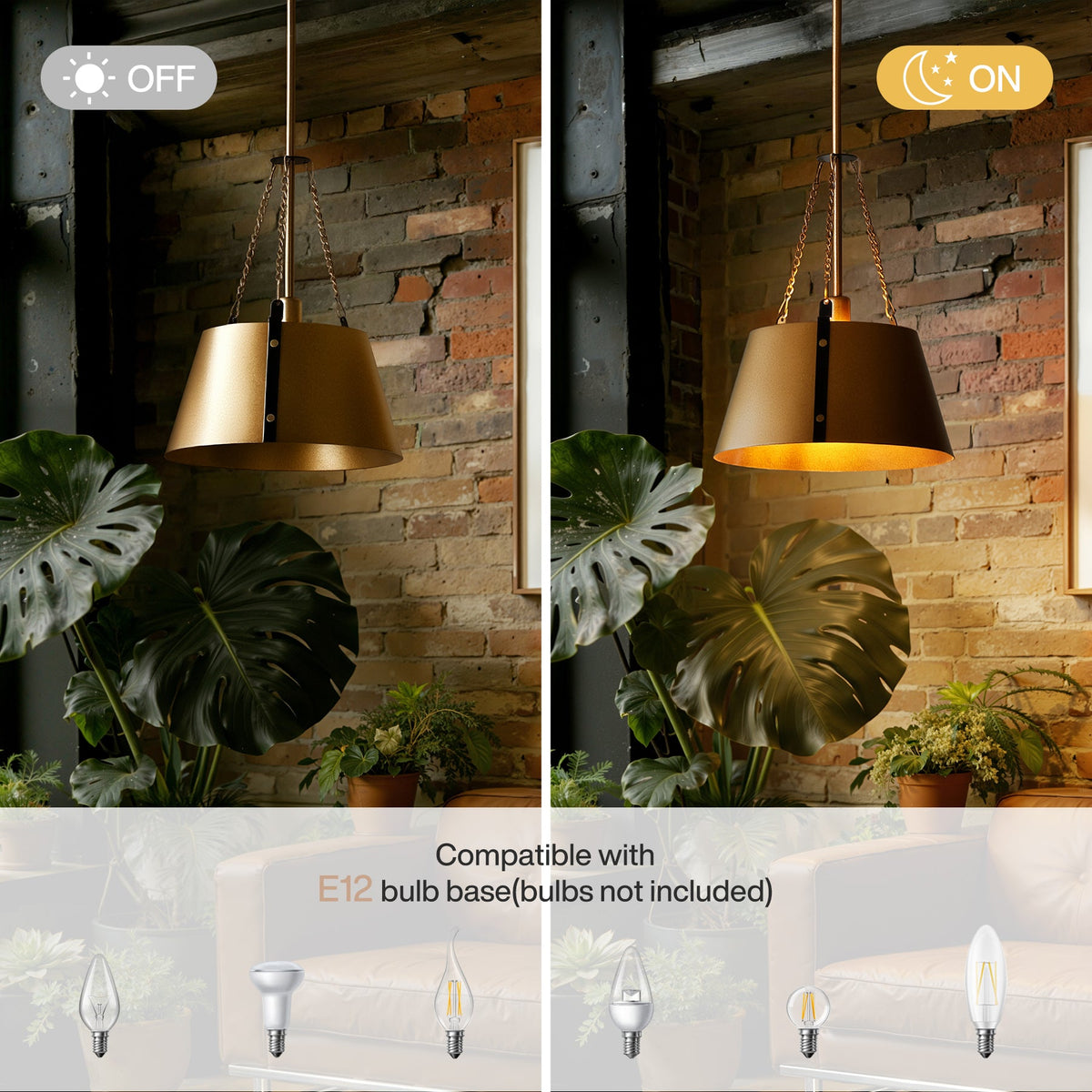 Gold drum pendant light with industrial metal shade, shown off and on in a room with brick wall and plants
