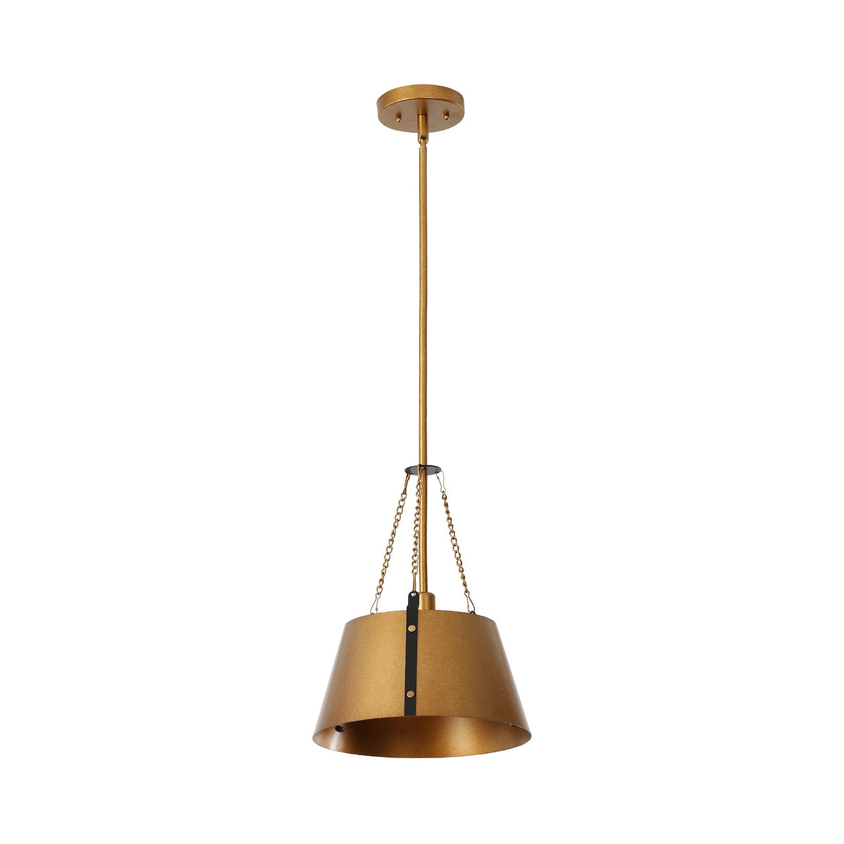 Gold drum pendant light with industrial metal shade, shown from front view