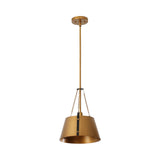 Gold drum pendant light with industrial metal shade, shown from front view
