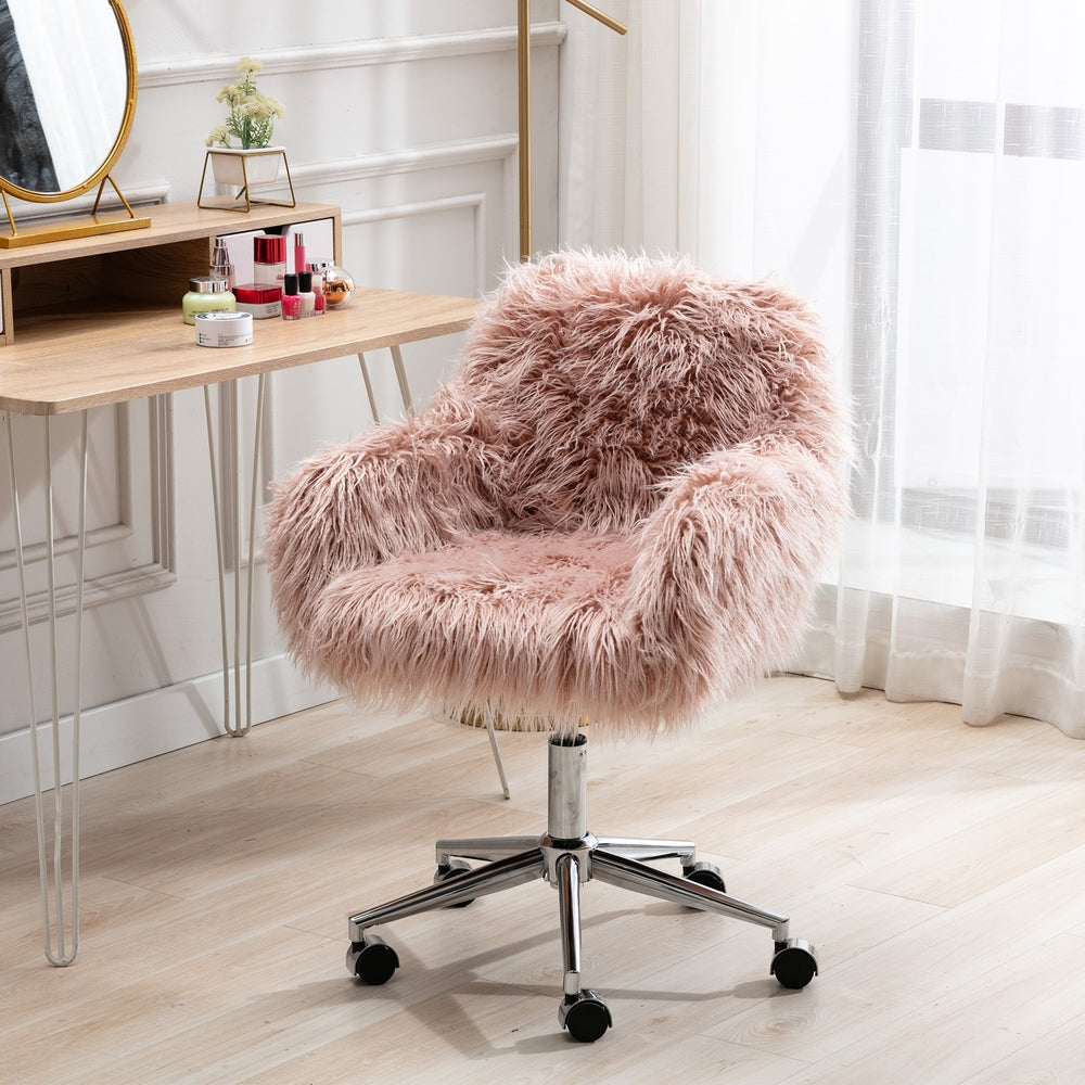 Adjustable Vanity Chair Home Office Chair - Pink Faux Fur