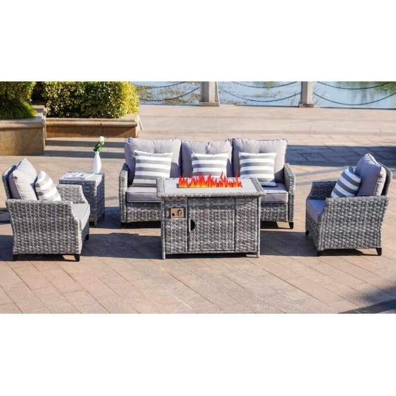 5-Piece Outdoor Patio Conversation Set with Firepit Table - Grey Wicker
