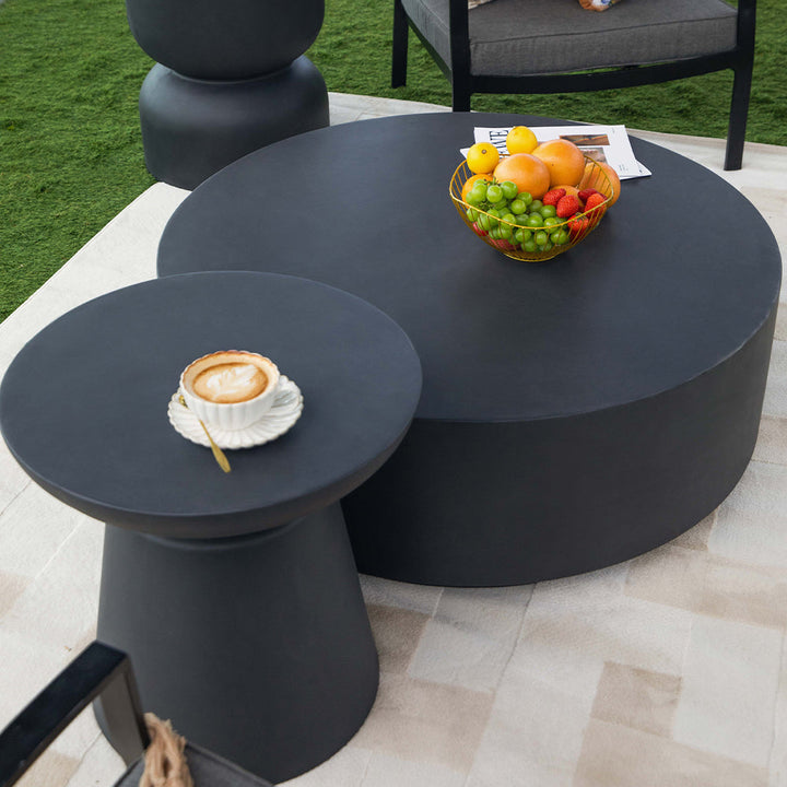 Elementi Rome Round Patio Coffee Table Indoor Outdoor Furniture Concrete, Slate Black - 40 x 40 Inches
