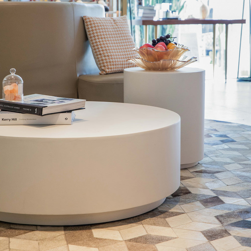 Elementi Rome Round Patio Side Table Indoor Outdoor Furniture Concrete, Cream White - 17.7 x 17.7 Inches