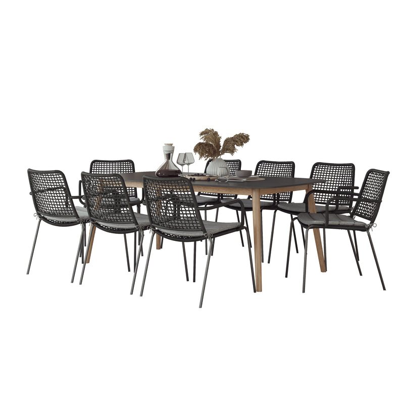 Chambak 9 Piece Indoor Outdoor Kitchen Dining Set - Black Table Rope chairs