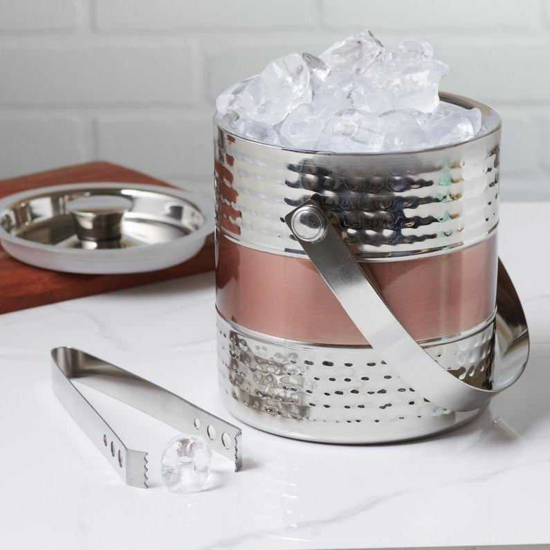 Ice Bucket & Tong - Hammered Copper & Shiny