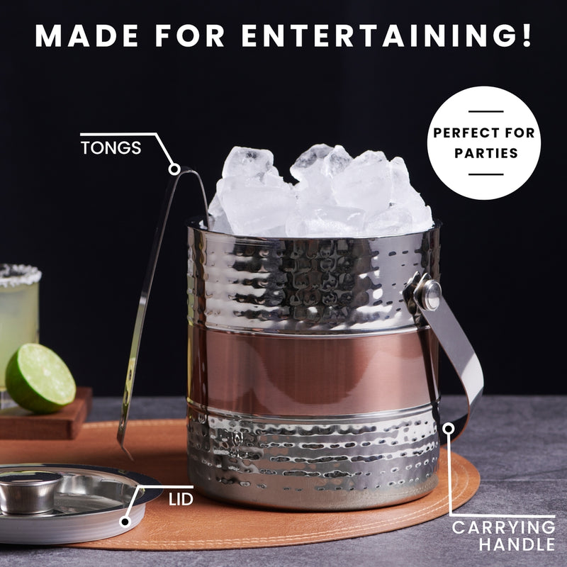 Ice Bucket & Tong - Hammered Copper & Shiny
