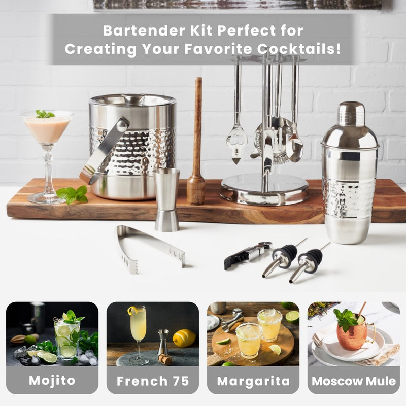 Barware Tool Set - 13 Pieces, Hammered Finish