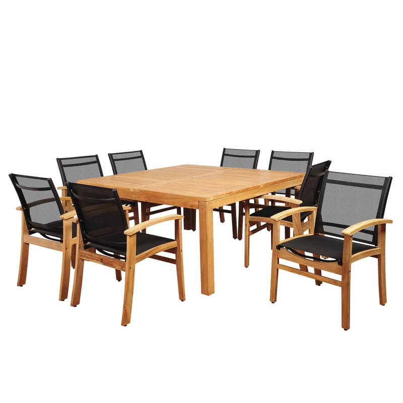 Sunset View 9 Piece Teak Square Dining Set with Black Sling Chair