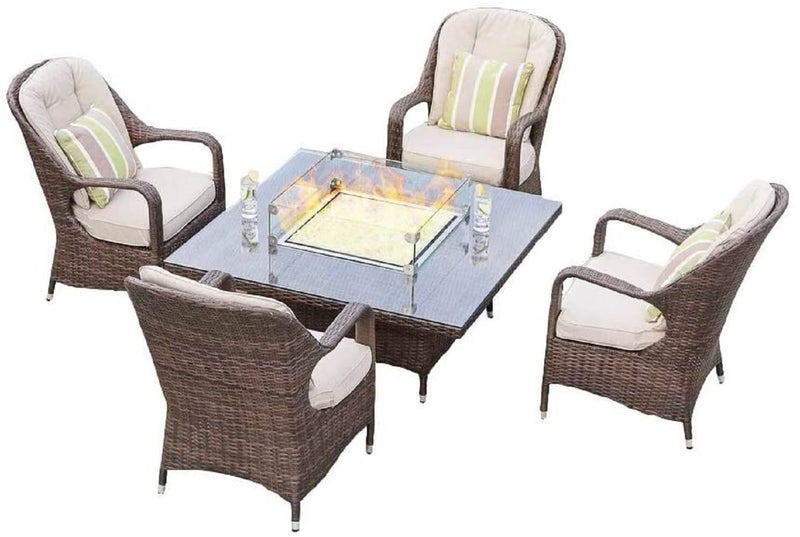 Eton 5 Piece Wicker Patio Furniture Set With Square Fire Pit Dining Table